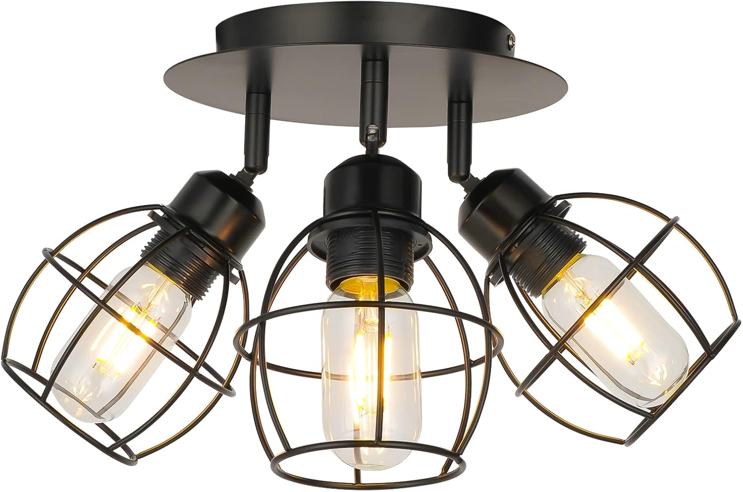 Industrial Flush Mount Ceiling Light - 3-Light Black Rustic Metal Caged Ceiling Mount Hallway Light Fixtures Ceiling for Kitchen Porch Bedroom Laundry Room Entryway