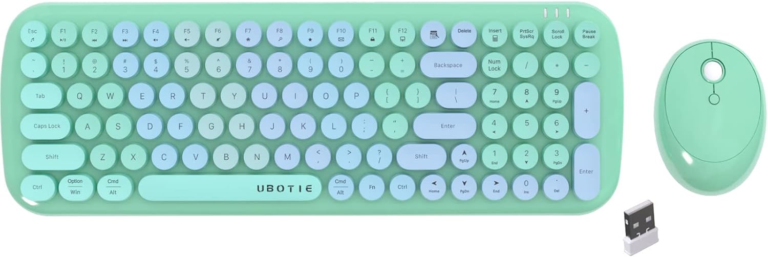 Wireless Keyboards and Mouse Combos, UBOTIE Colorful Gradient Rainbow Colored Retro Typewriter Flexible Keyboard, 2.4GHz Connection and Optical Mouse (New Green Colorful)