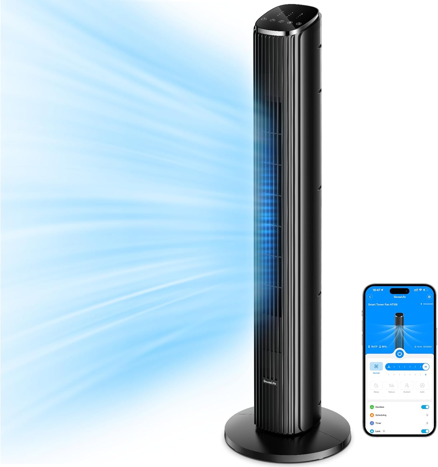 GoveeLife 36 Inch Tower Fan for Bedroom, Smart Oscillating Floor Fans with Temperature Sensor, App & Voice Remote, 5 Modes 8 Speeds up to 25ft/s, 24H Timer, 29dB Quiet Fan for Cooling Home Office