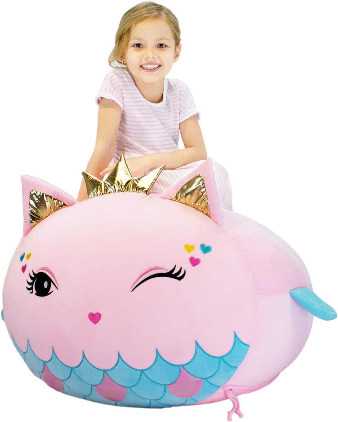 Yoweenton Mermaid Stuffed Animal Toy Storage | Kids Bean Bag Chair | Large Size 25x23 Inch Velvet Extra Soft | Girls Room Decorations