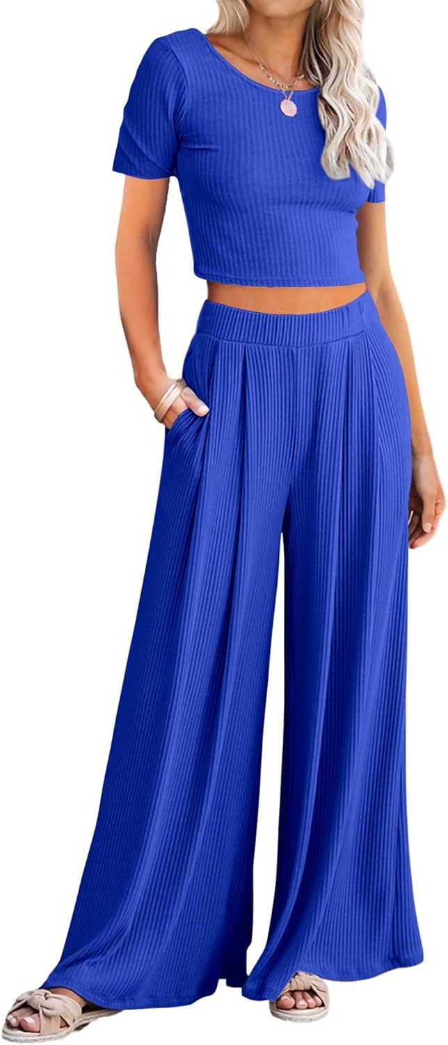 BTFBM Women Summer 2024 Two Piece Casual Outfits Lounge Set Ribbed Knit Bodycon Crop Top Long Pants Tracksuits Sweatsuit