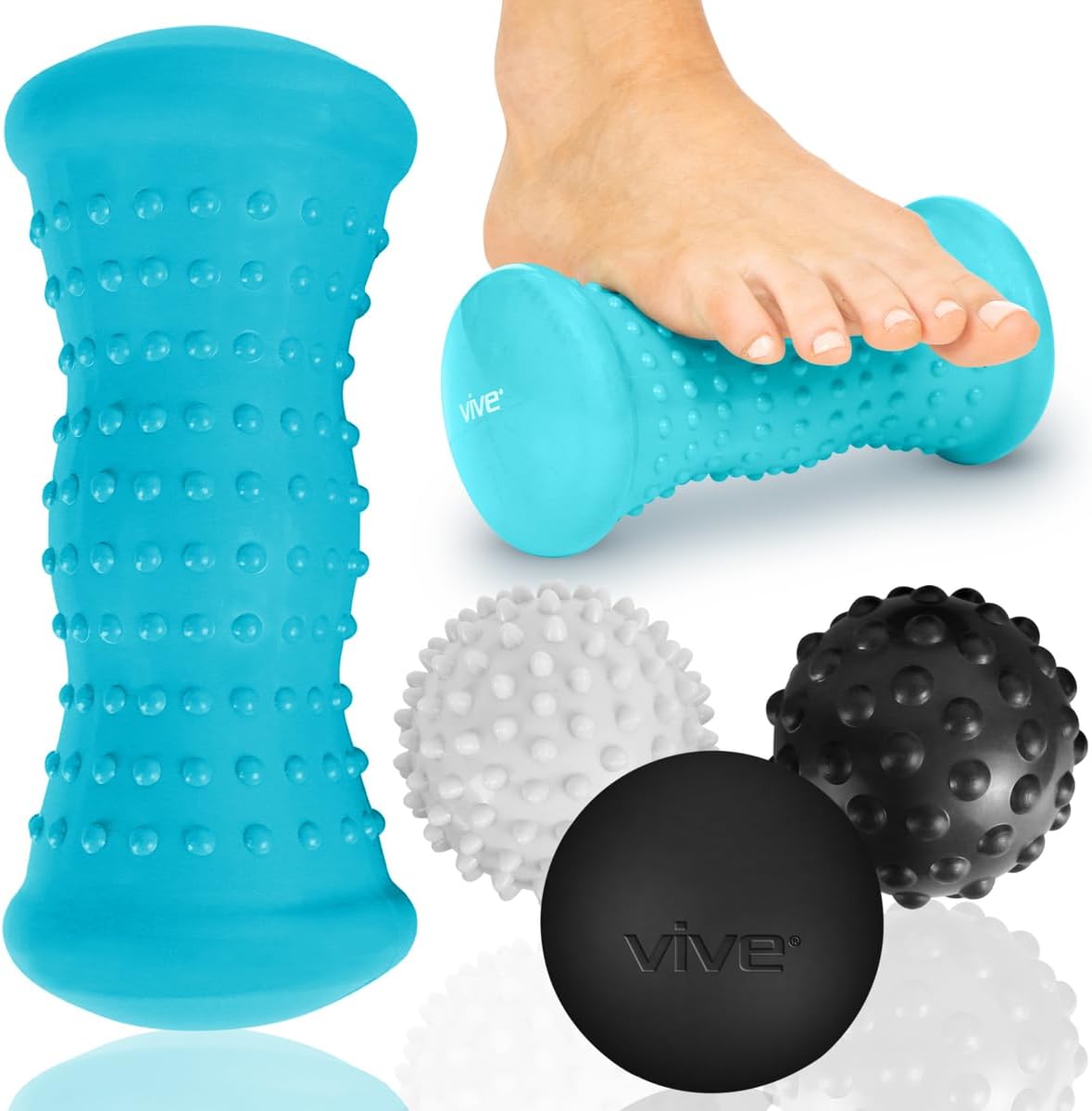 Vive Massage Ball Set (4 Piece) - Foot Pain Hot Cold Therapy Kit - Plantar Fasciitis, Heel Spur, Sore Muscles, Trigger Point - Back, Arm, Neck, Shoulder, Leg Circulation Roller - PT Spike Massager