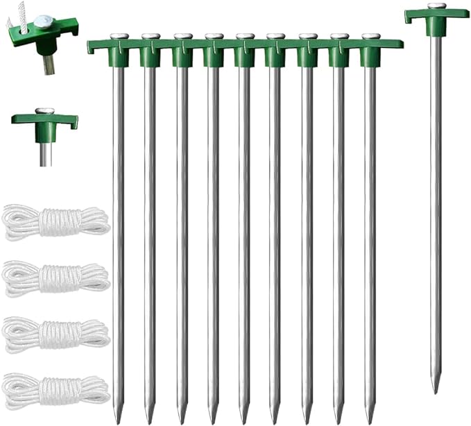 Eurmax USA Galvanized Non-Rust Camping Family Tent Pop Up Tent Stakes Ice Tools Heavy Duty 10pc-Pack, with 4x10ft Ropes & 1 Green Stopper