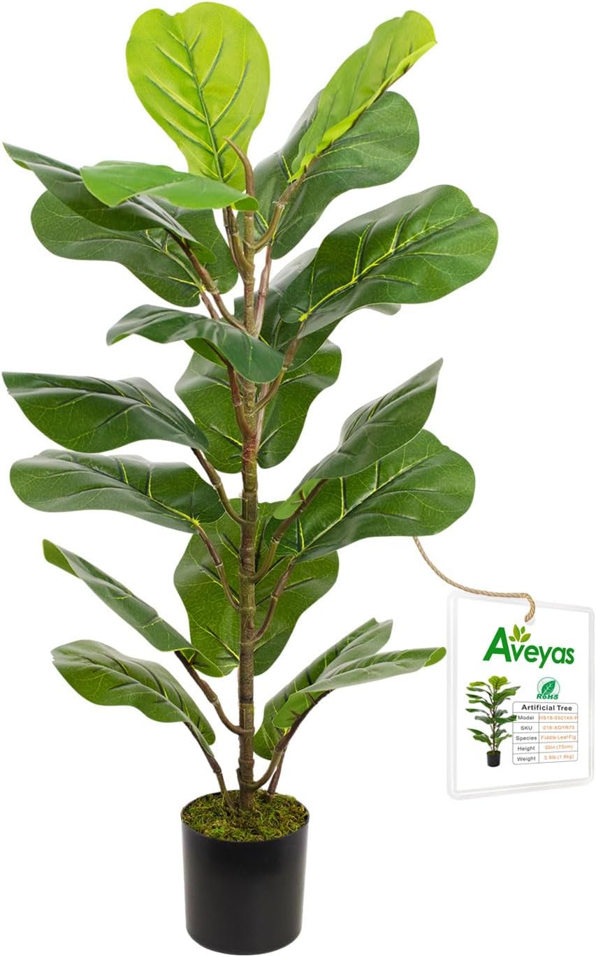 Aveyas 30 inch Artificial Ficus lyrata Fiddle Leaf Fig Tree for Home Decor, Faux Large Potted Plant Fake Silk Trees for Indoor Outdoor House Living Room Office (30 in)