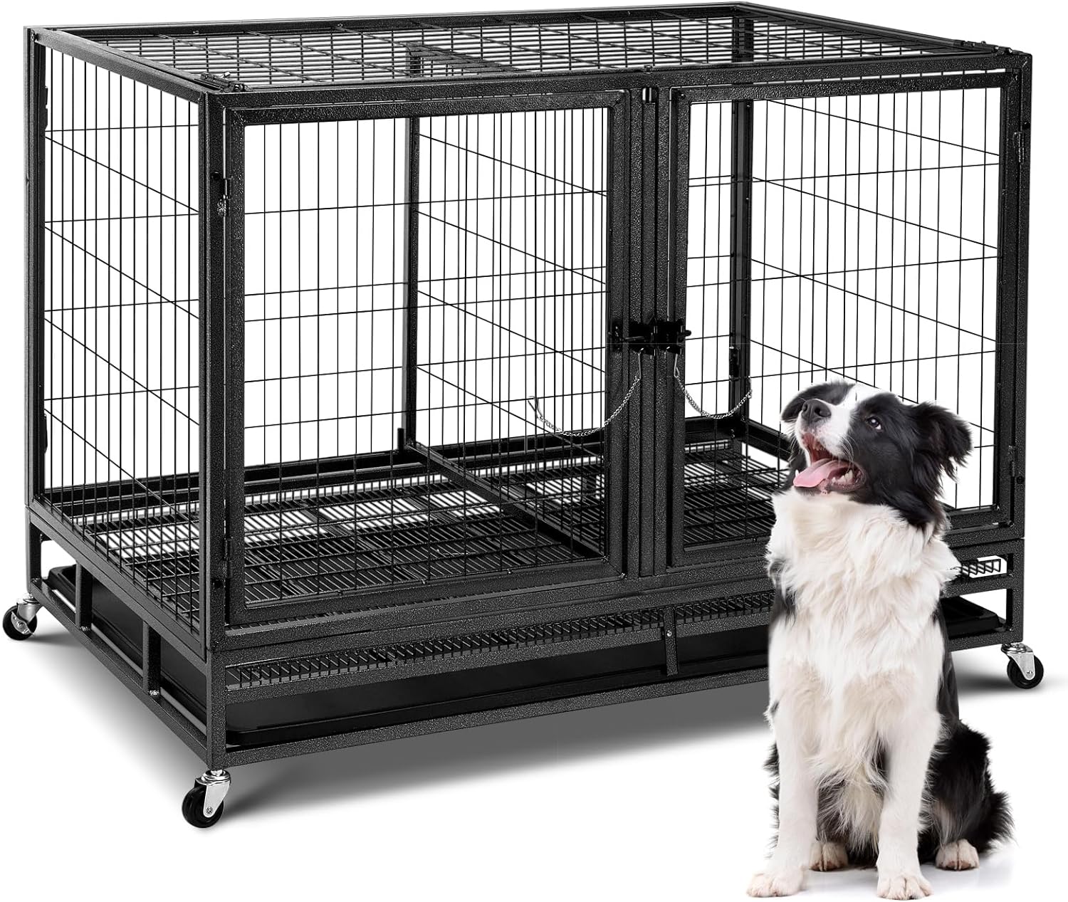 48inch Heavy Duty Dog Crate with Divider,Indestructible Metal Wire Dog Crate Kennel,Stackable Feature Dog Cage,XXL for Large Dogs,Sturdy Locks Design/Double Door with Wheels/Removable Tray