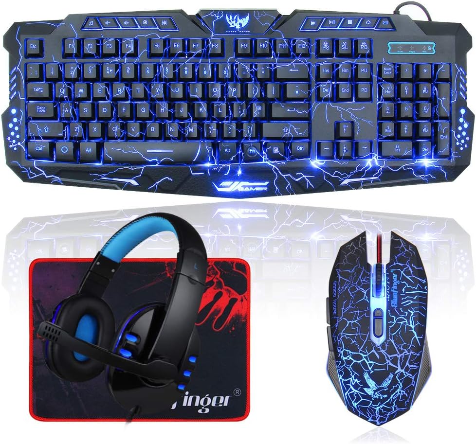 Backlit Gaming Keyboard and Mouse and LED Headset Combo,USB Wired 3 Color Crack Backlit Keyboard,Blue LED Light Gaming Headset,Gaming Keyboard Mouse Headphone Set for Work and Game