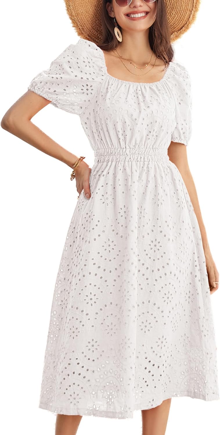 GRACE KARIN Women' Eyelet Dresses Summer Square Neck Short Puff Sleeve Casual A Line Boho Midi Dress