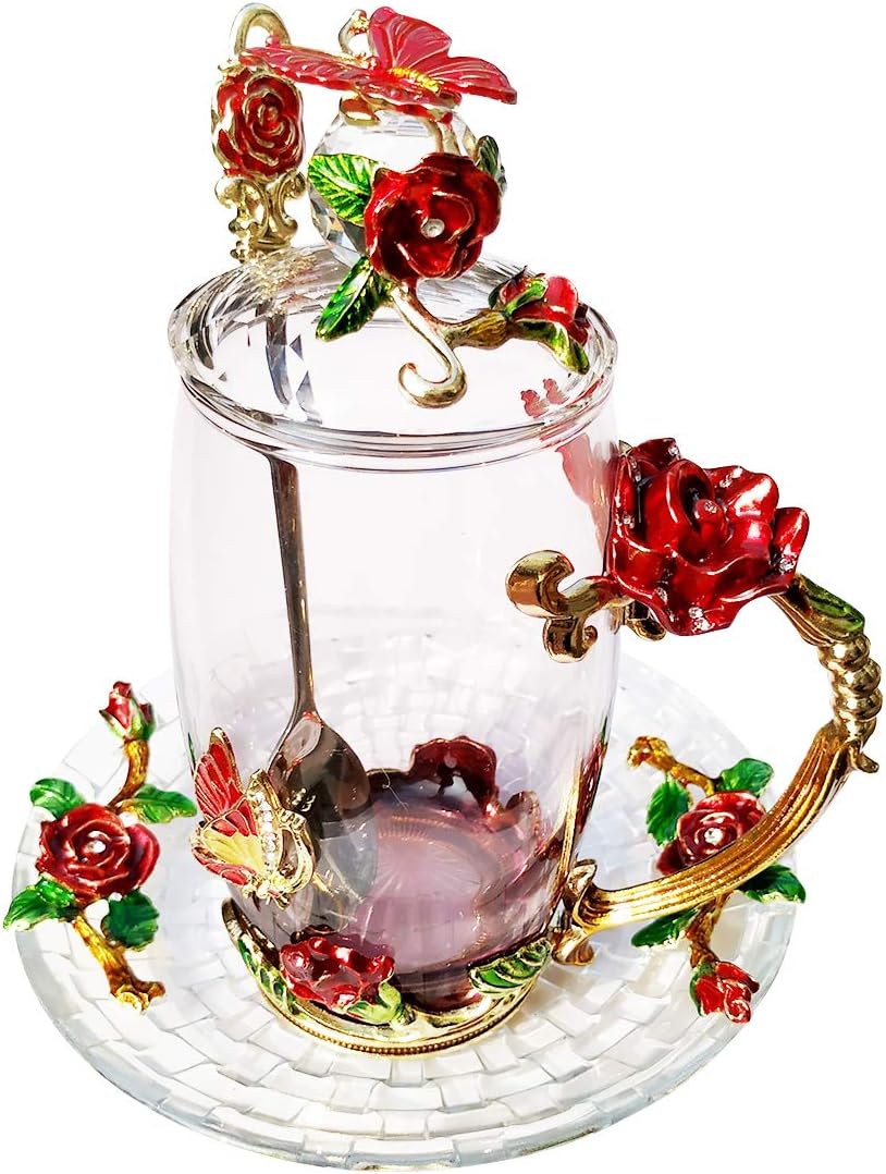 Fancy Glass Tea Cup with Lid Saucer Spoon Flower Coffee Mug Unique Birthday Gift for Friend Female Mother-in-Low Daughter House Warming Gift(Tall Red)