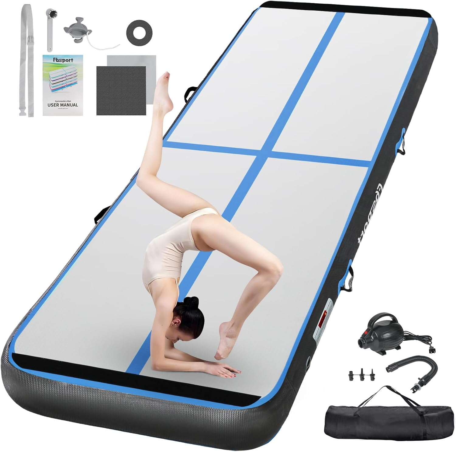 FBSPORT Inflatable Air Gymnastics Mat Training Mats 4/8 inches Thickness Gymnastics Tracks for Home Use/Training/Cheerleading/Yoga/Water with Pump