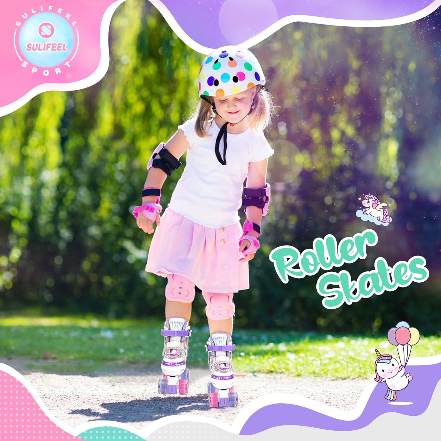 SULIFEEL Rainbow Unicorn 4 Size Adjustable Light up Roller Skates for Girls Boys for Kids