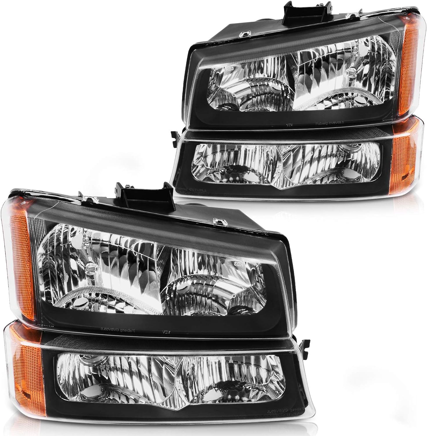 DWVO Headlights Assembly Compatible with 2003 2004 2005 2006 Chevy Silverado Avalanche 1500 2500 3500 (Black Housing Amber Reflector)
