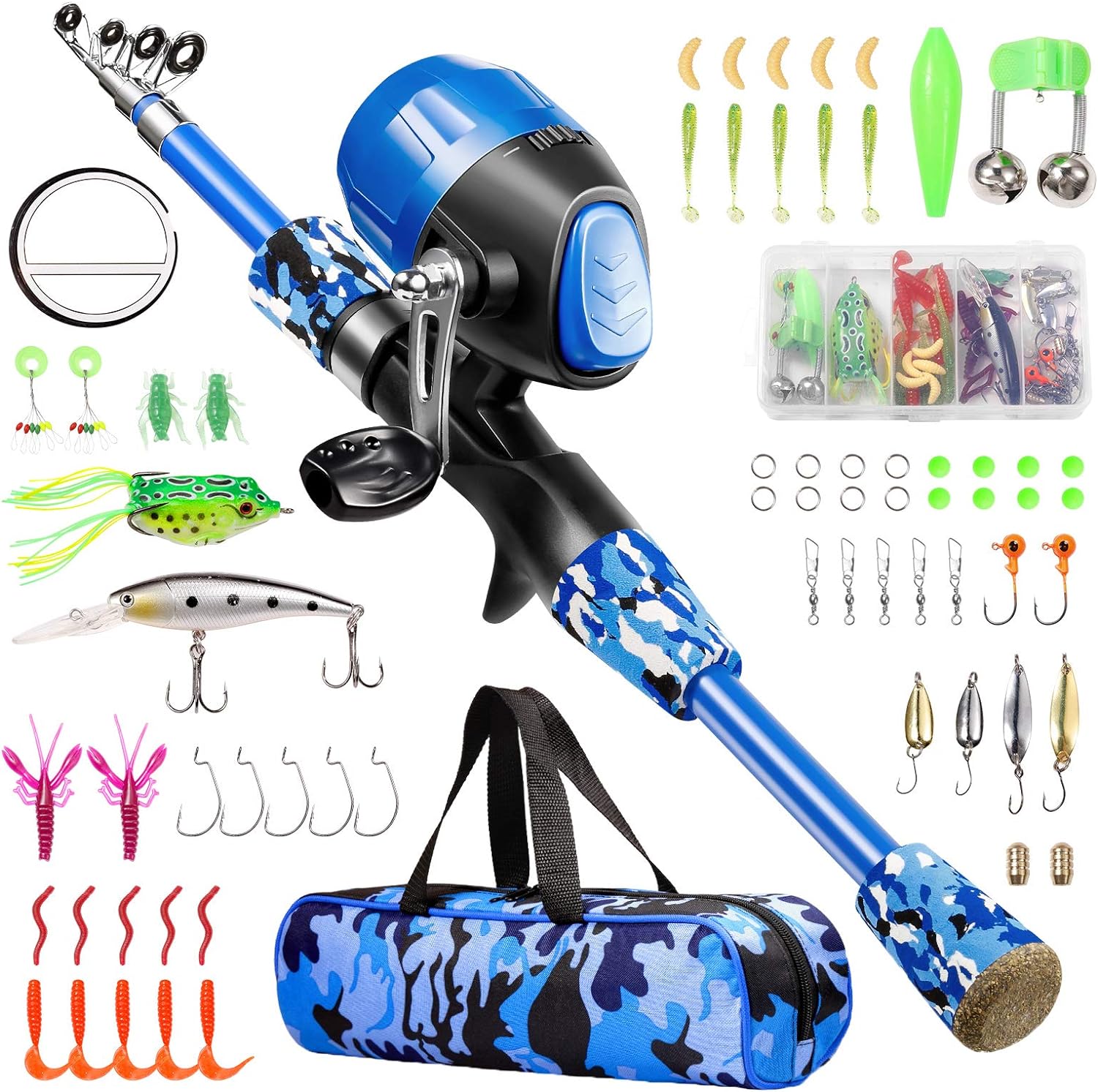 Kids Fishing Pole - Telescopic Fishing Rod and Reel Combo Kit - Fishing Gear, Fishing Lures, Carry On Bag, 70 Set Fully Fishing Equipment - for Boys, Girls, Youth