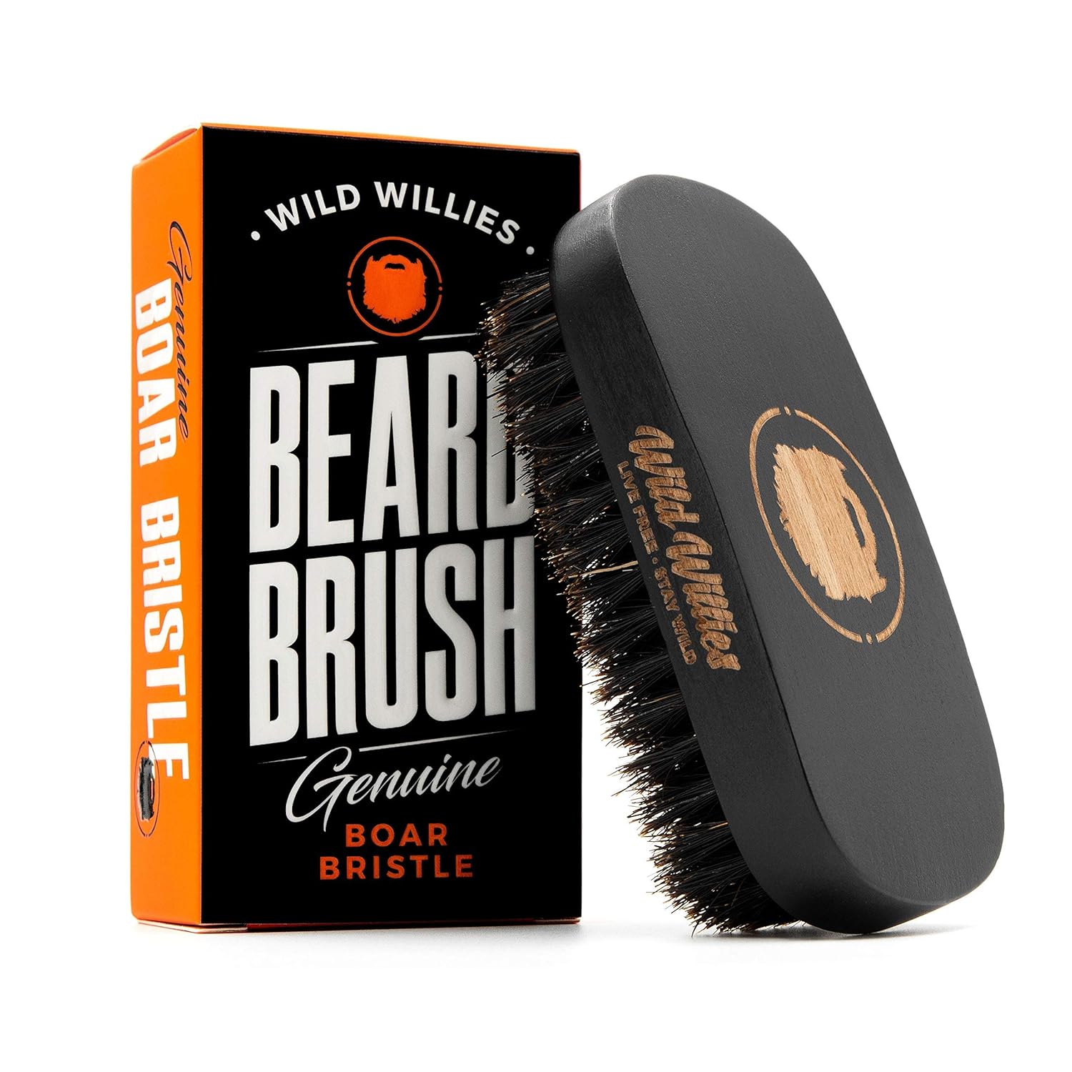 Natural Boar Bristles Beard Brush by Wild Willies - Small Travel Size with Ergonomically Designed Wood Handle - Professional Beard and Mustache Grooming Softens and Untangles Your Beard