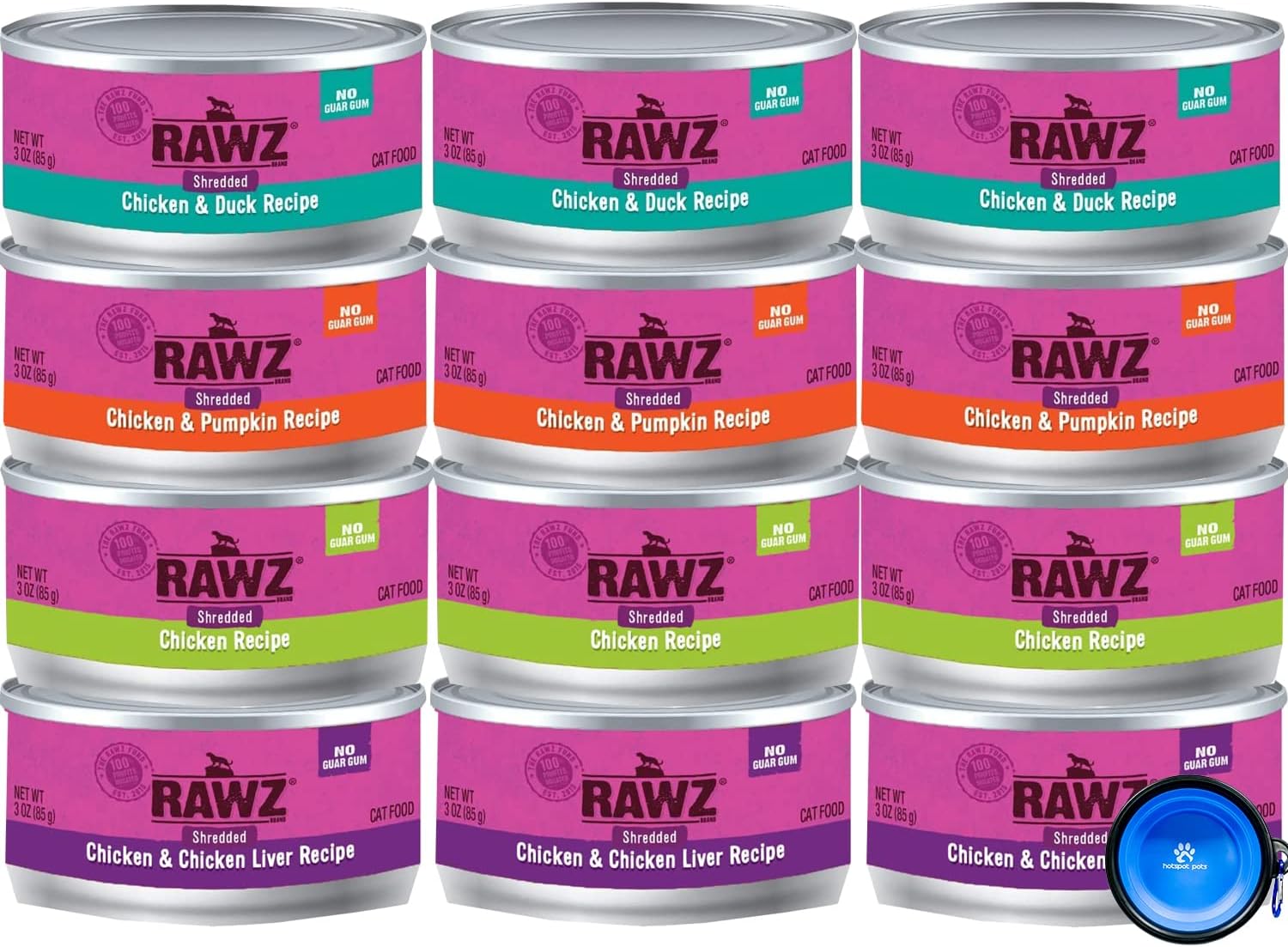 Rawz Natural Premium Canned Cat Wet Food Shredded -12 Pack Chicken Variety Bundle - 4 Flavors - (Chicken & Duck, Chicken & Liver, Chicken & Pumpkin, Chicken) with Hotspot Pets Food Bowl - (3oz Cans)