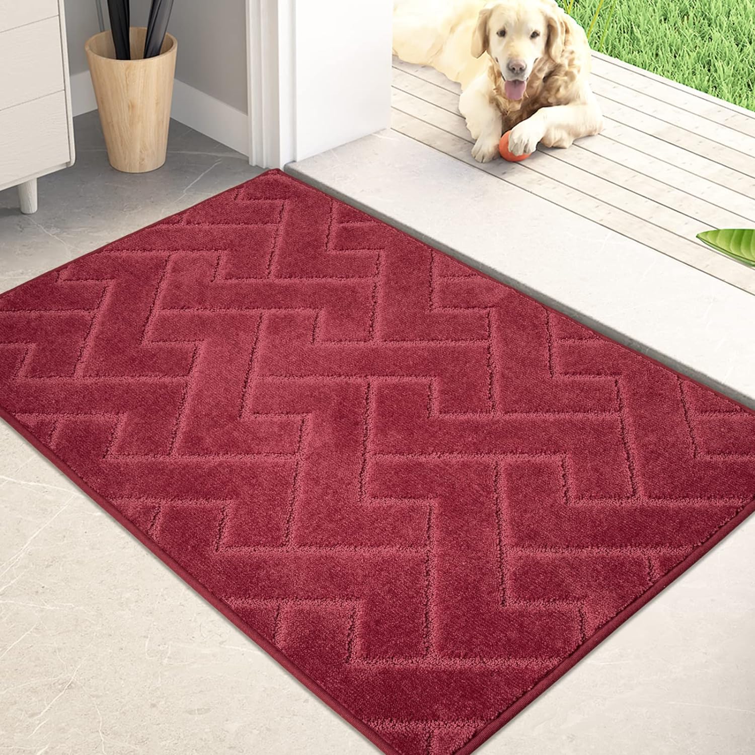 PURRUGS Dirt Trapper Door Mat 24" x 35.5", Non-Slip Machine Washable Entry Rug, Shoe Scraper, Dog Door Mat, Super Absorbent Welcome Mat for Front & Back Door, Muddy Wet Shoes & Paws, Burgundy Red