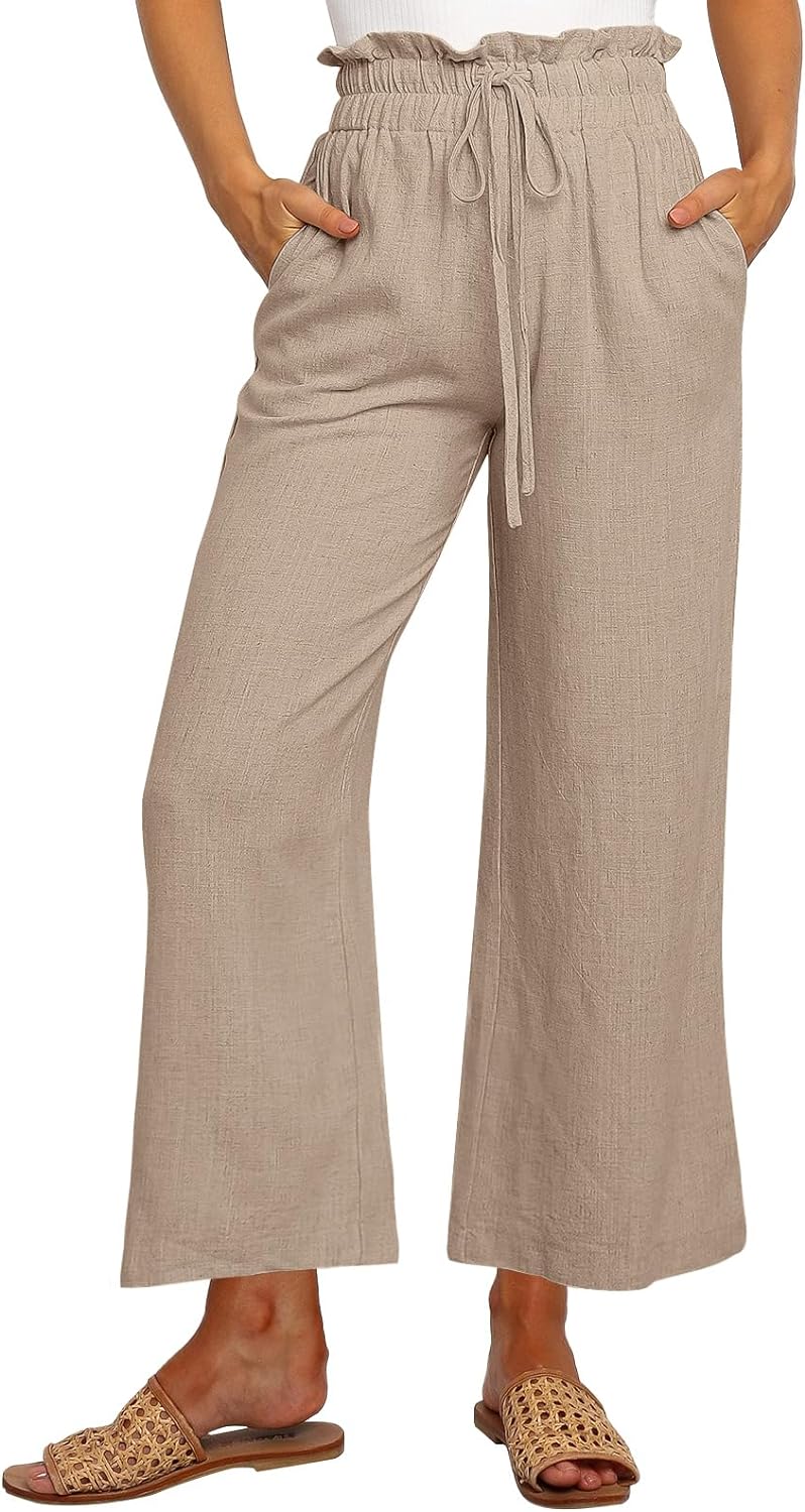 LILLUSORY Women's Linen Pants Casual High Waisted Wide Leg Paperbag Pants with Pockets