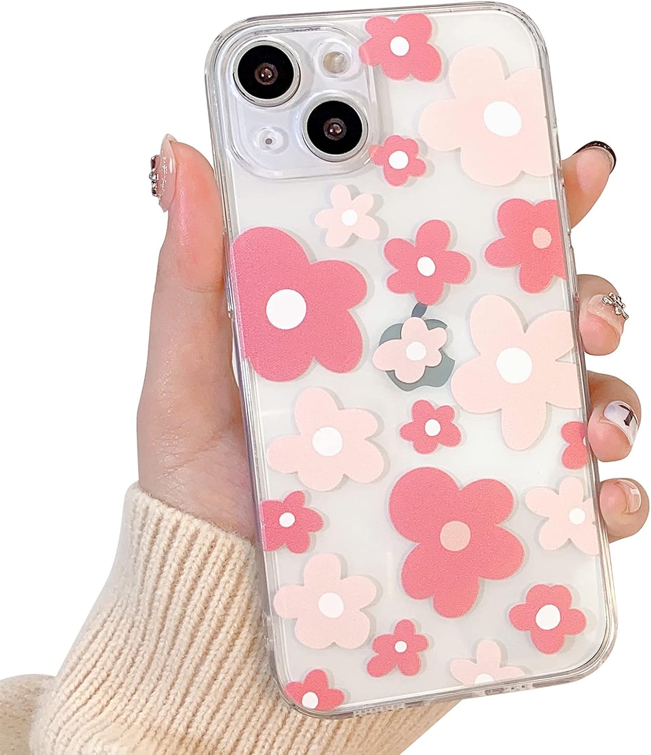 Compatible for iPhone 14 Case Cute Clear Flower Floral Color Design for Girls Women Soft TPU Shockproof Protective Girly for iPhone 14-Pink Flower