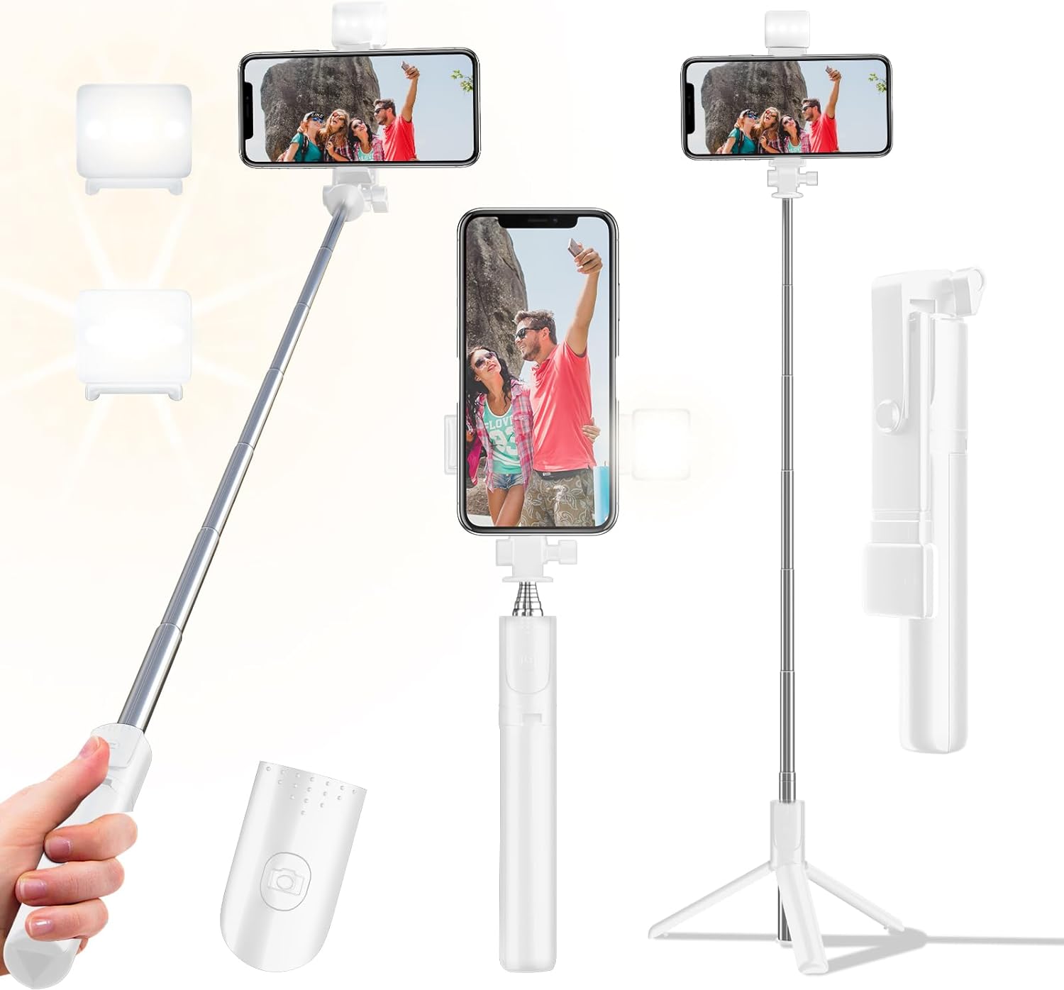 Selfie Stick Tripod, 40 in Retractable Phone Tripod with Wireless Remote Control & Light, Portable Selfie Stick Tripod for Photograph, Live Streaming, Video Recording, Compatible with All Cellphones