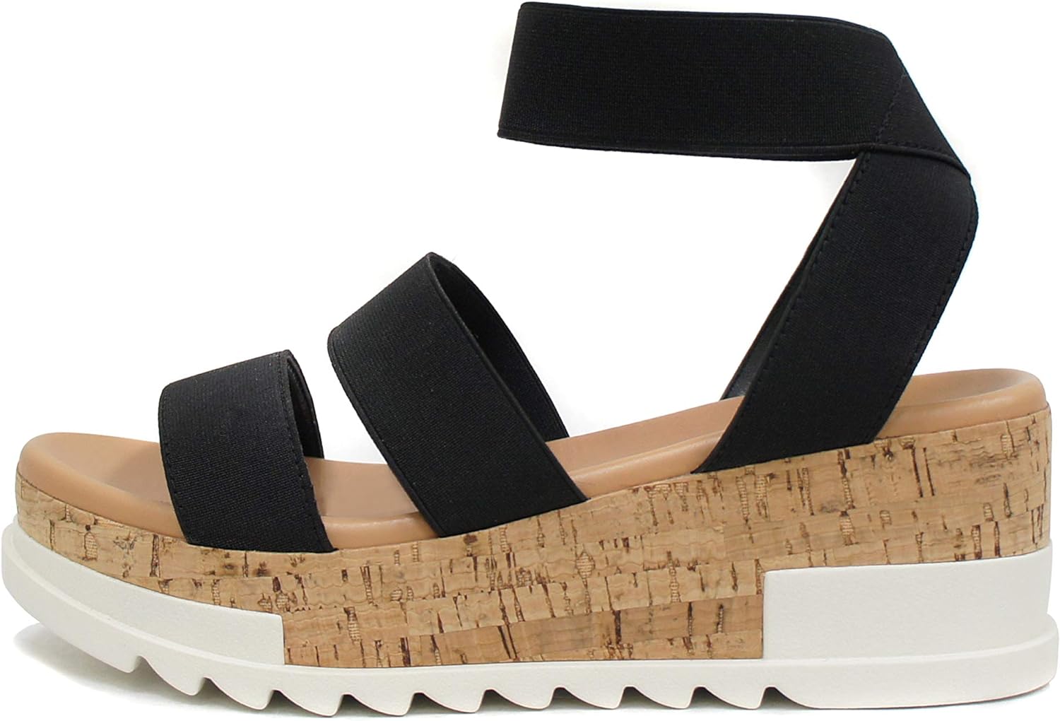 Soda Style Madyson ~ Slip On Open Toe Two Bands Elastic Ankle Strap Flatform Wedge Casual Fashion Sandal with Cork Wrap Bottom