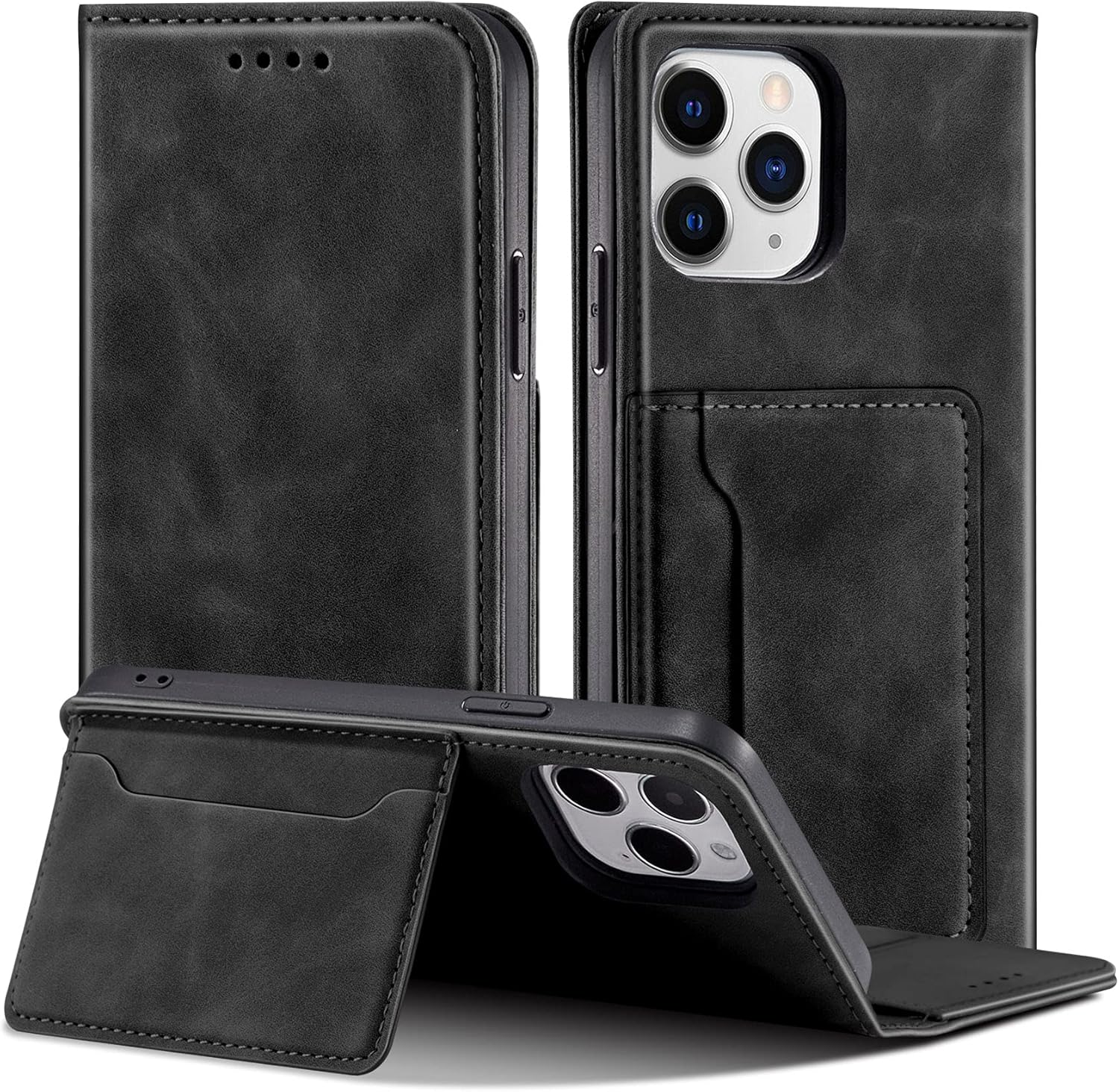 QHOHQ Case for iPhone 13 Pro Max 6.7, [Smart Kickstand] [Premium Leather] [Wallet Case with Slim Silk Card Holder] Magnetic Flip Cover Business Style Cover for 13 Pro Max 6.7 Inch - Black