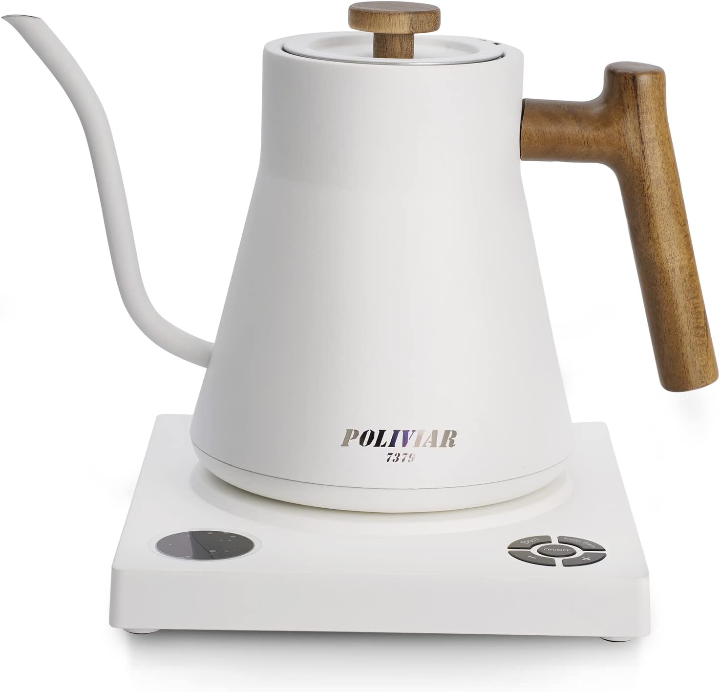 POLIVIAR Electric Gooseneck Kettle, 1200W Electric Tea Kettle Real Wood Handle, 34oz Pour Over Electric Kettle for Coffee & Tea, 18/8 Stainless Steel Inner, Temperature Control & Rapid Heating