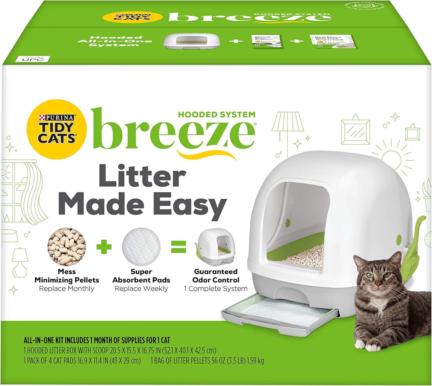 Purina Tidy Cats Hooded Litter Box System, BREEZE Hooded System Starter Kit Litter Box, Litter Pellets & Pads