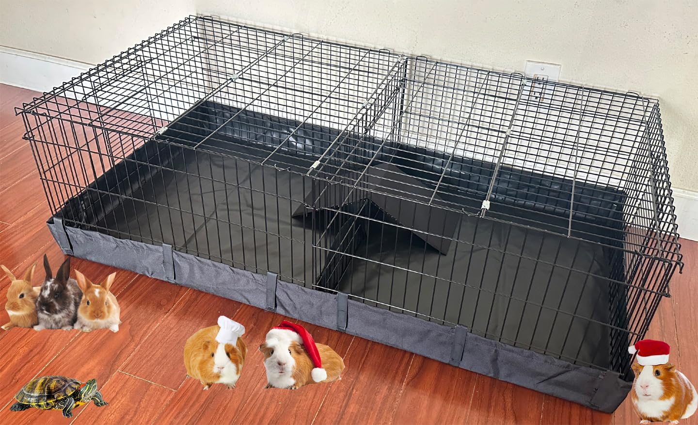 47" Extra Large Dwarf Rabbit Habitat Guinea Pig Play Yard Hamster Critters Turtle Enclosure with TOP Cover Panel, Center Divider Room Door Ramp Bottom Canvas 47L x 24W x 14H Inches