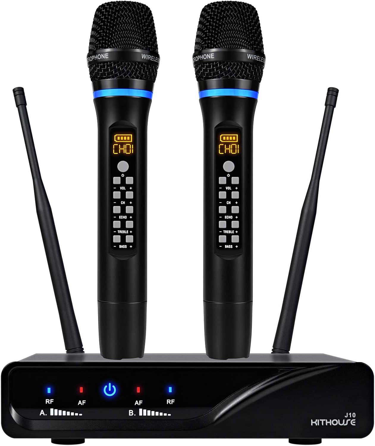 J10 Wireless Microphone Karaoke System Rechargeable, UHF Metal Cordless Microphone Handheld with Volume Echo Treble BASS Control and Receiver Box for Singing Karaoke Speech Meeting