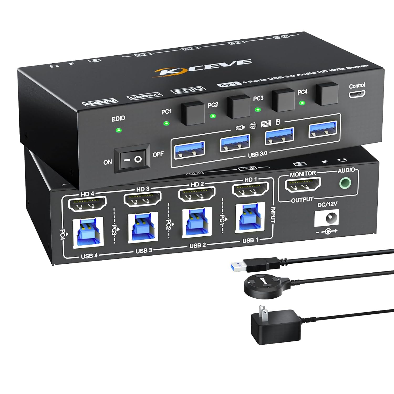 KVM HDMI Switch 4 Ports with Audio, 8K@60Hz USB 3.0 KVM Switcher Box with EDID Emulator for 4 Computers Share Mouse Keyboard and Monitor