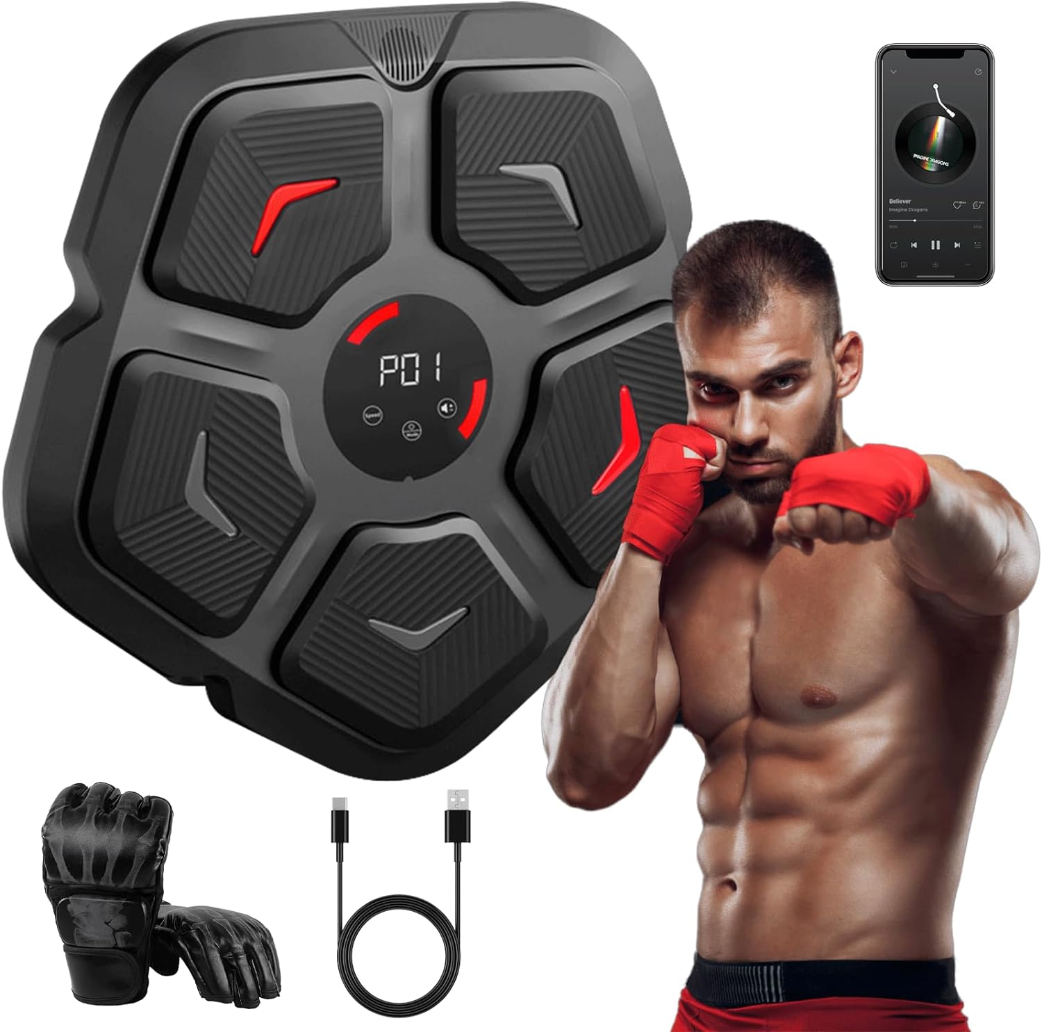 Music Boxing Machine with Boxing Gloves, Suitable for 1 or 2 Players, Smart Bluetooth, Wall Mounted, Professional Music Boxing Workout Machine for Adults & Kids - 2024 Black Ruby Edition