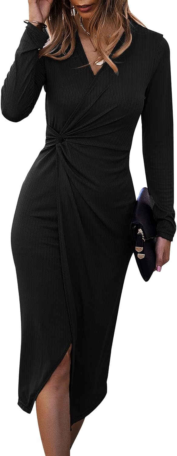 SHIBEVER Women' Long Sleeve Dress: Midi Casual V Neck Dresses Twist Waist Ribbed Knit Bodycon Slit Cocktail Party Dress