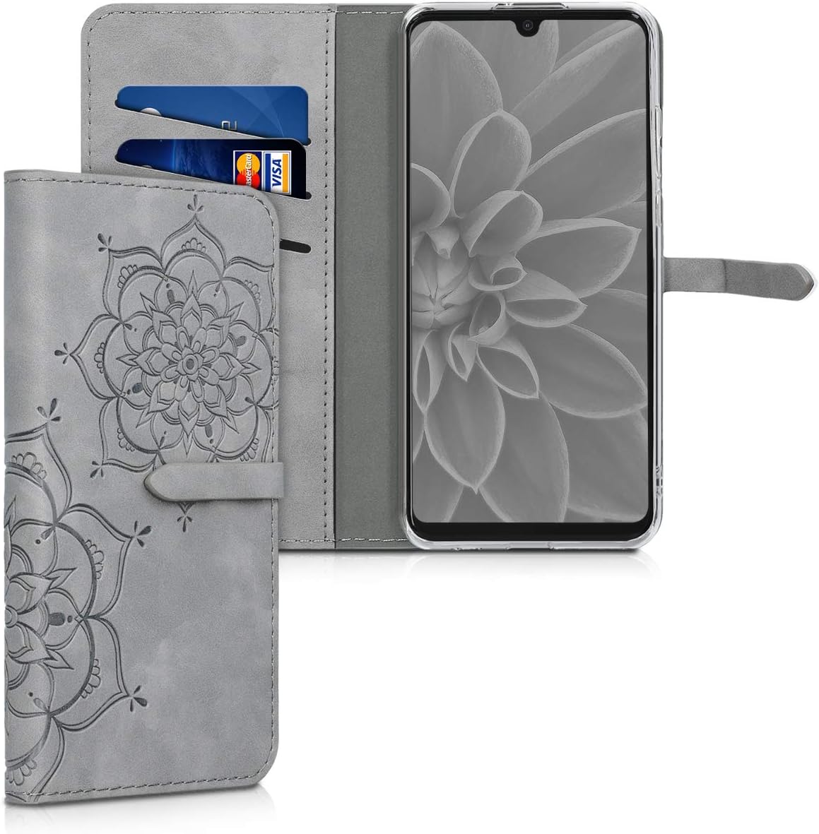 kwmobile Case Compatible with Huawei P30 Lite - PU Nubuck Leather Wallet Cover with Card Slots, Stand - Flower Twins Grey