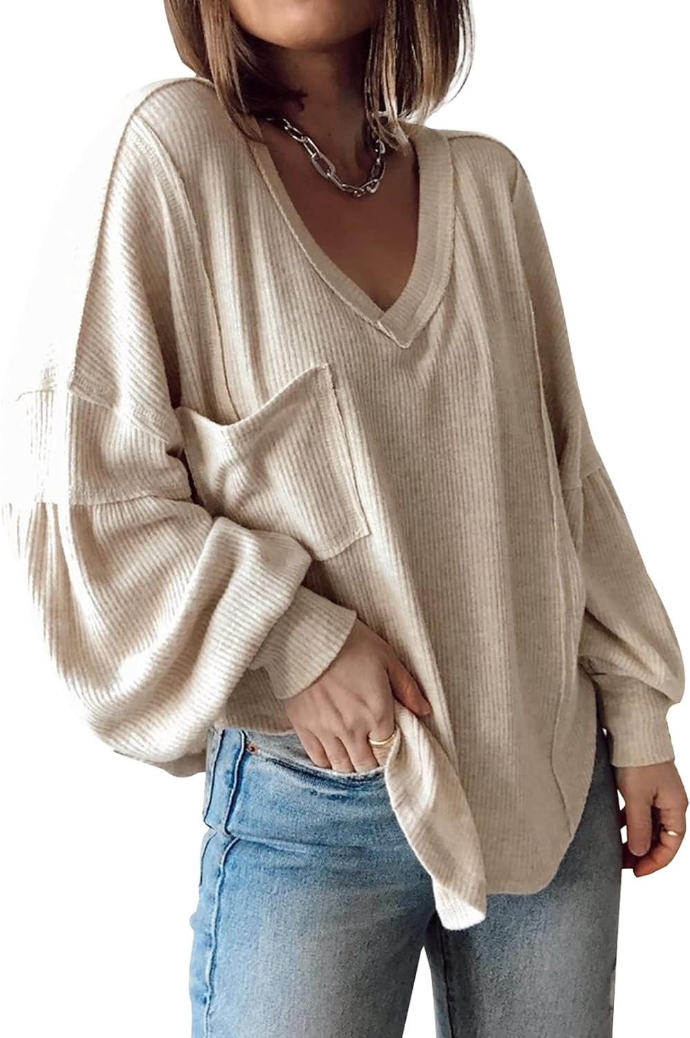 BTFBM Women' Casual V Neck Ribbed Knitted Shirts Pullover Tunic Tops Loose Balloon Sleeve Solid Color Blouses Top