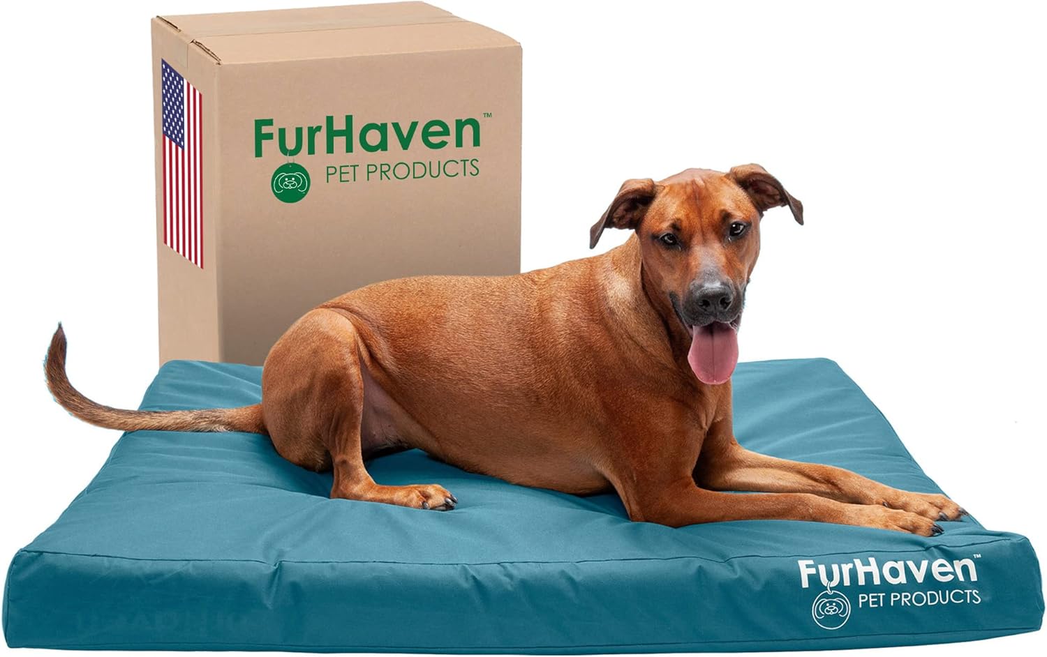 Furhaven Water-Resistant Orthopedic Dog Bed for Large Dogs w/ Removable Washable Cover, For Dogs Up to 95 lbs - Indoor/Outdoor Logo Print Oxford Polycanvas Mattress - Deep Lagoon, Jumbo/XL