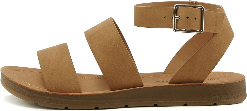 Soda DOZEN ~ Women Casual Open Toe Two Bands with Ankle Buckle Strap Fashion Slide Flat Sandal