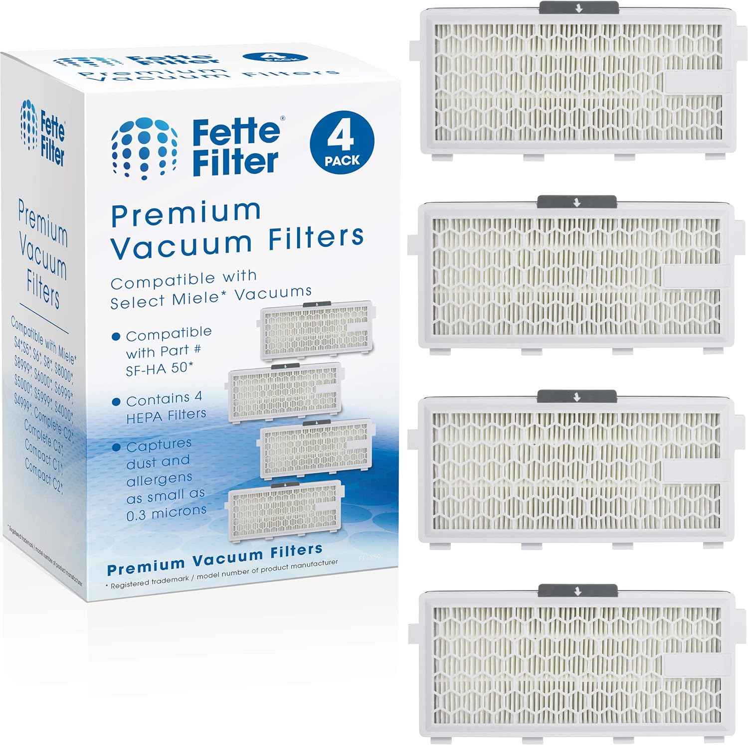 Fette Filter- Pack of 4 HEPA Filters Compatible with Miele AirClean SF-HA 50 Filter for Model # S4, S5, S6, S8, S8000, S8999, S6000, S6999, S5000, S5999, S4000, S4999, Complete C2 & C3