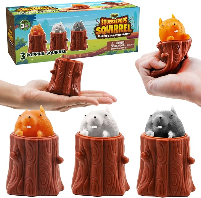 Yoya Toys Squeeze pops Squirrel in Log Squeeze Toy - Squirrel Fidget Popper, Pop Up Fidget Toy - Toy Squirrel, Popping Squeeze Squirrel, Autism/ADHD Fidget Toys - Set of 3 Squirrel Toy