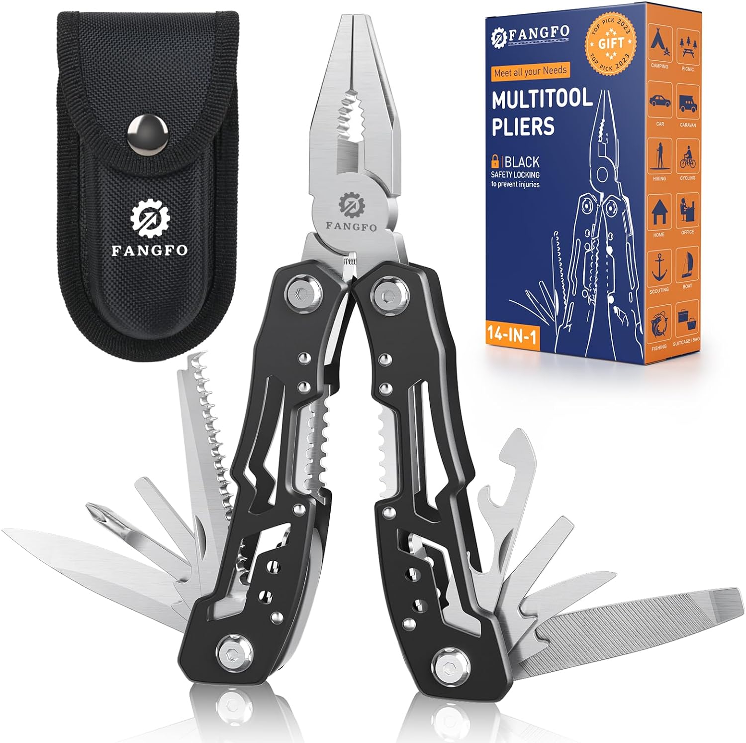 14-In-1 Multitool with Safety Locking, Professional Stainless Steel Multitool Pliers Pocket Knife, Bottle Opener, Screwdriver with Nylon Sheath Apply to Survival,Camping, Hunting and Hiking