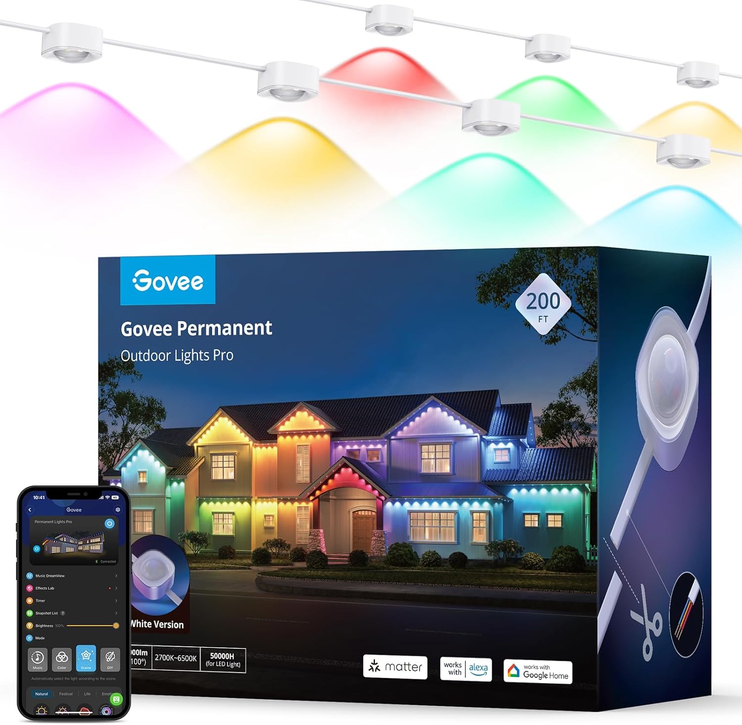 Govee Permanent Outdoor Lights Pro, 200ft with 120 RGBIC LED Lights for Daily and Accent Lighting, 75 Scene Modes, IP67 Waterproof, Works with Alexa, Google Assistant, Matter, White