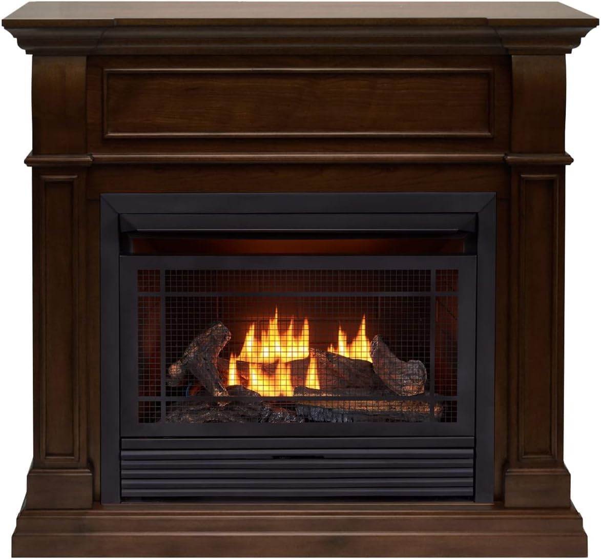 Duluth Forge Dual Fuel Ventless Gas Fireplace System with Mantle, Remote Control, 5 Fire Logs, Use with Natural Gas or Liquid Propane, 26000 BTU, Heats up to 1350 Sq. Ft., Walnut