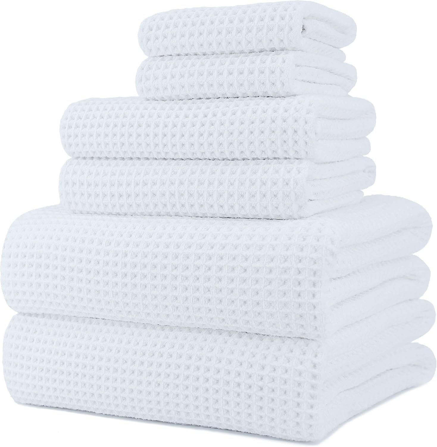 POLYTE Oversize, 60 x 30 in., Quick Dry Lint Free Microfiber Bath Towel Set, 6 Piece (White, Waffle Weave)