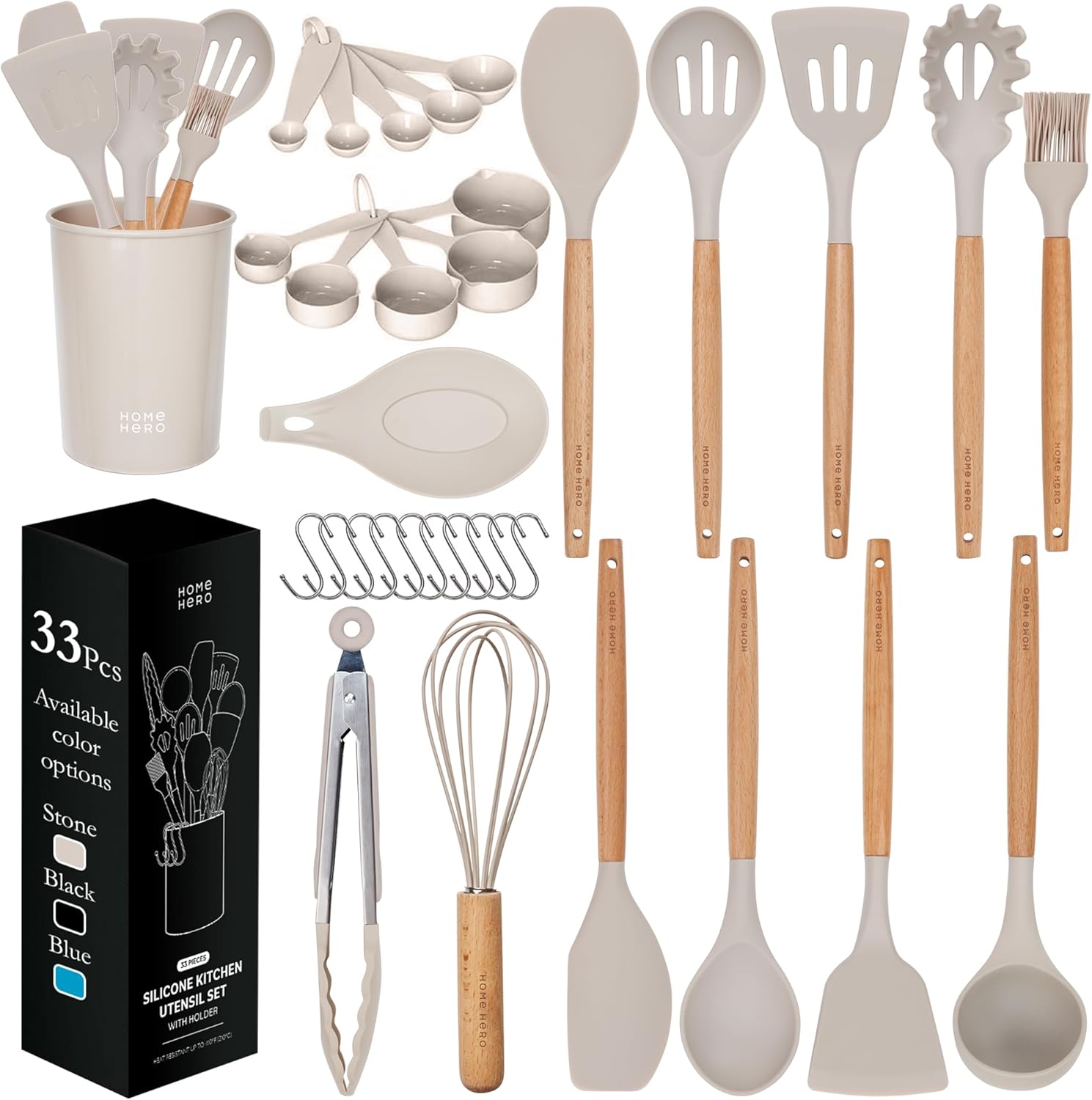 Home Hero 33 Pcs Kitchen Cooking Utensils Set, Non-Stick Silicone Cooking Kitchen Utensils Spatula Set with Holder, Wooden Handle Silicone Kitchen Gadgets Utensil Set (33 Pcs - Khaki)