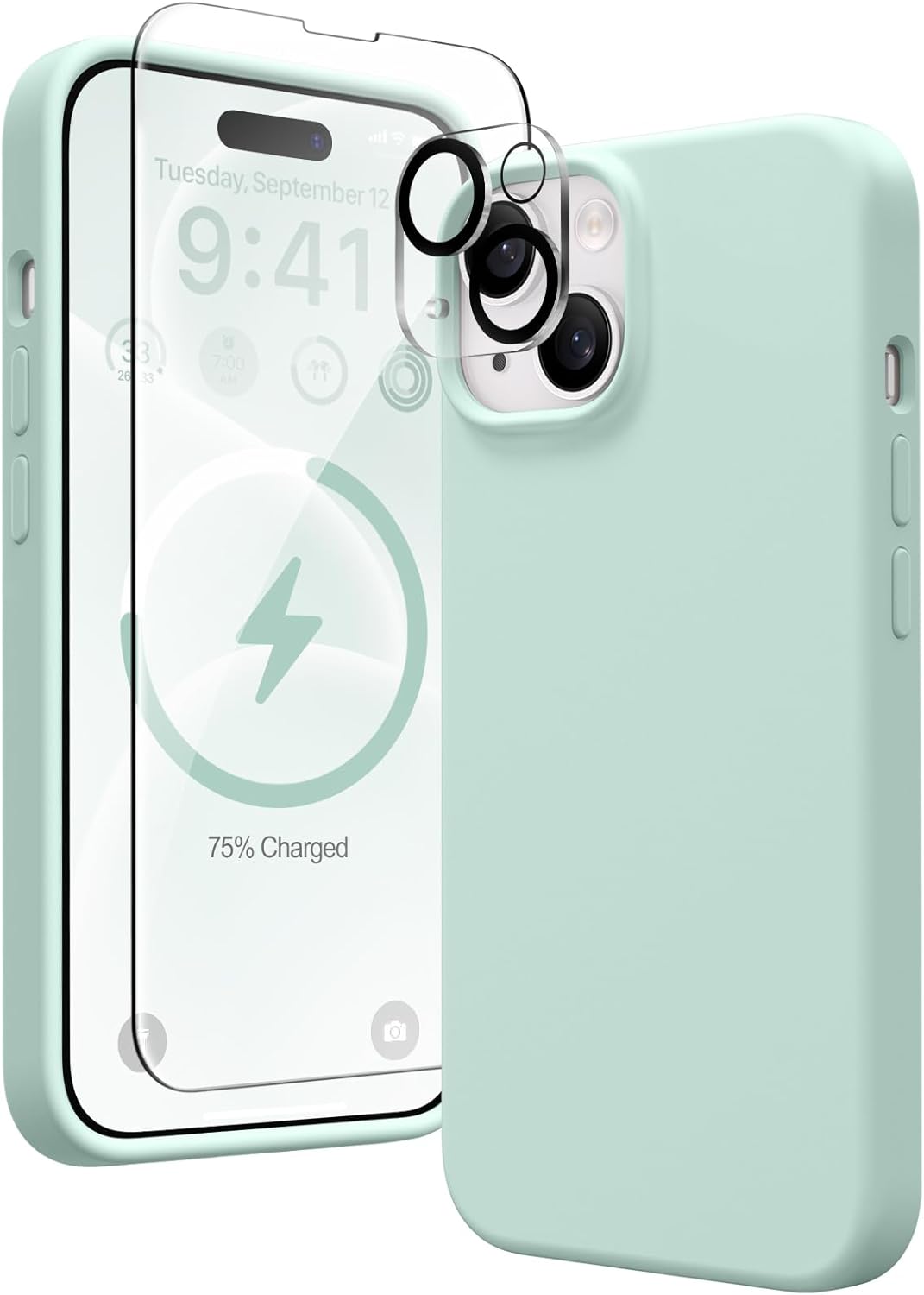 Magnetic Case for iPhone 15 Plus,[Compatible with MagSafe][2X Camera Protector + 2X Screen Protector] Slim Liquid Silicone Shockproof Protective Phone Cover Built-in Magnets 6.7 inch, Mint Green