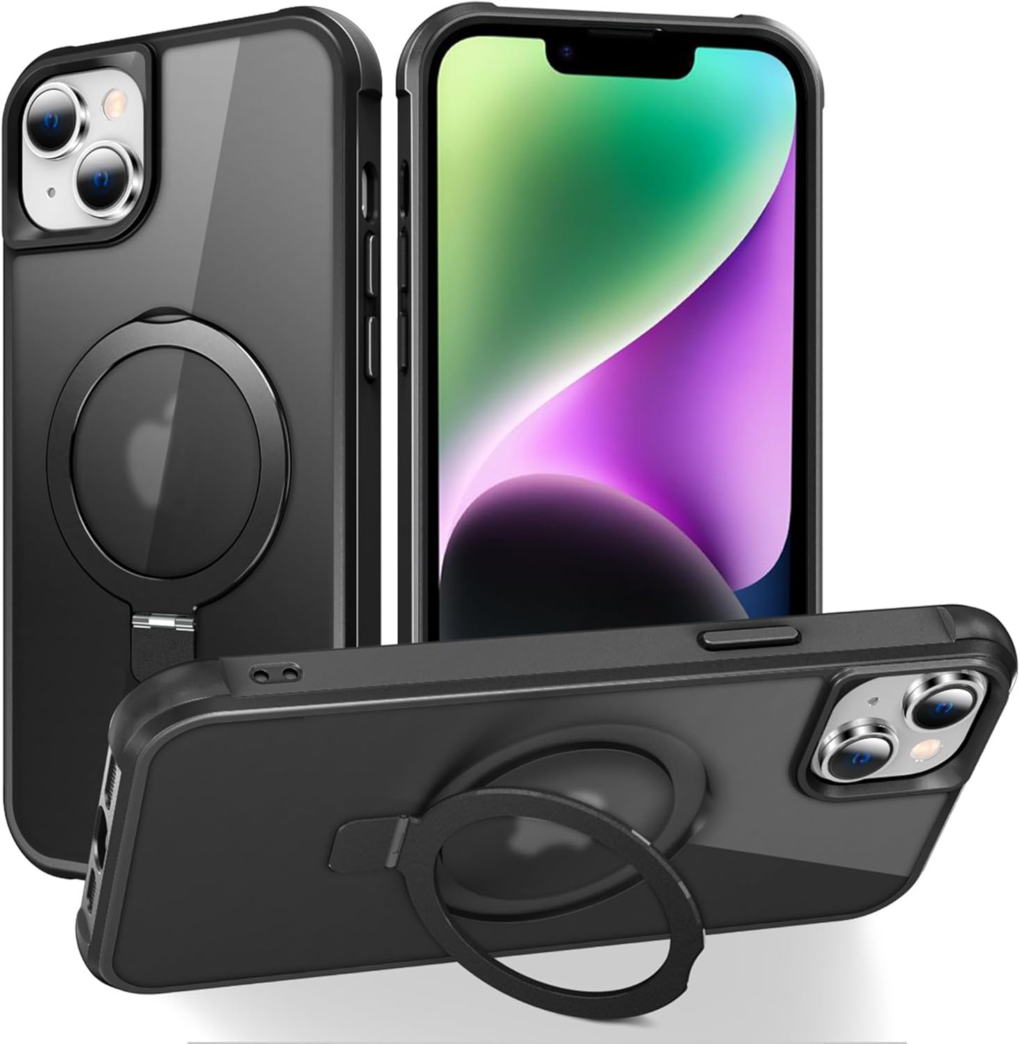 Compatible with iPhone 13 Case & iPhone 14 Case with Invisible Magnetic O-Ring Stand Translucent Case for iPhone 13 & 14 6.1 [Compatible with MagSafe][Great Grip Feeling], Black