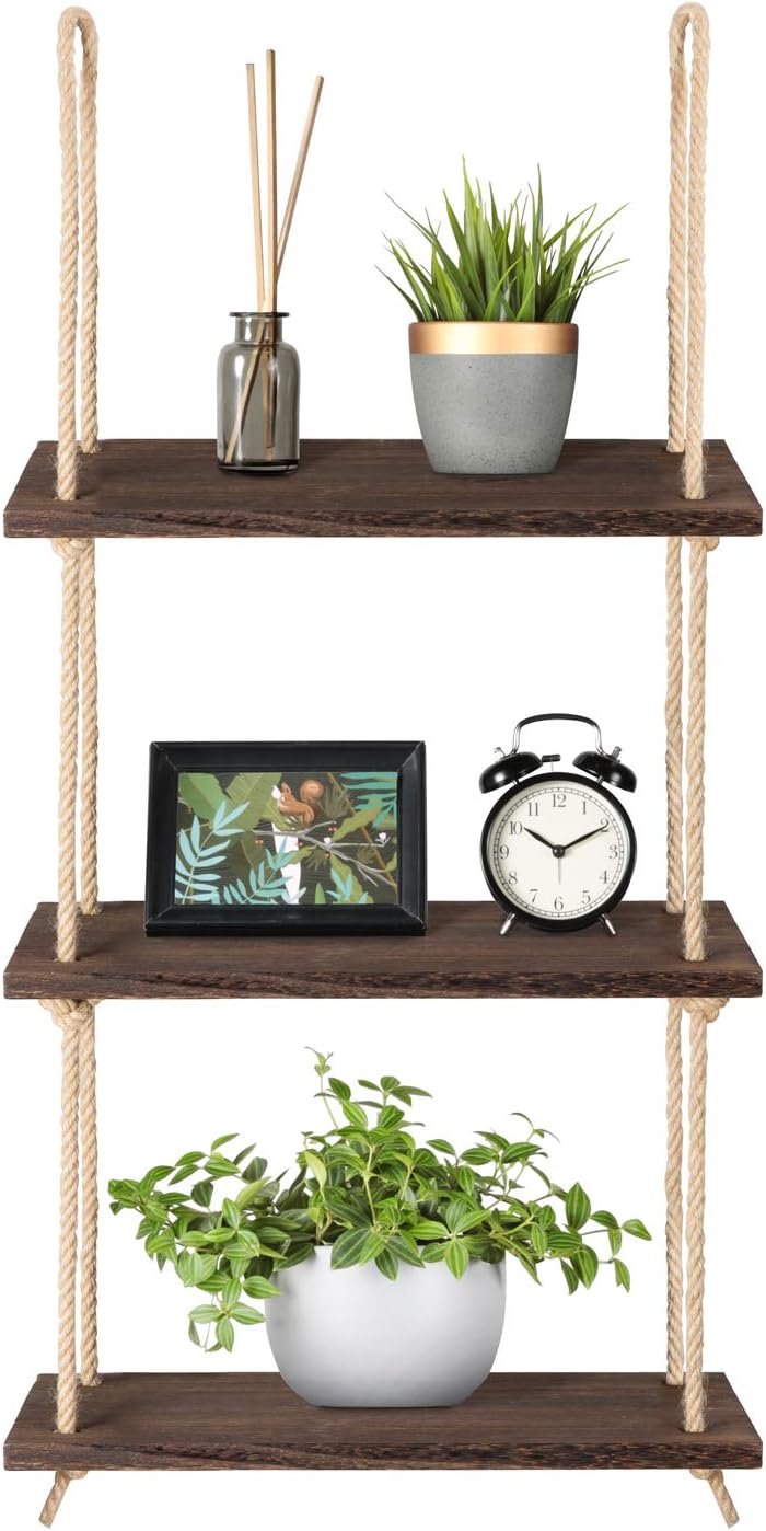 Mkono Hanging Shelves 3 Tier Rustic Wood Floating Wall Shelves Photo Plant Display Hanging Storage Shelf Home Decor for College Dorm Room Decor Bathroom Living Room Bedroom Apartment