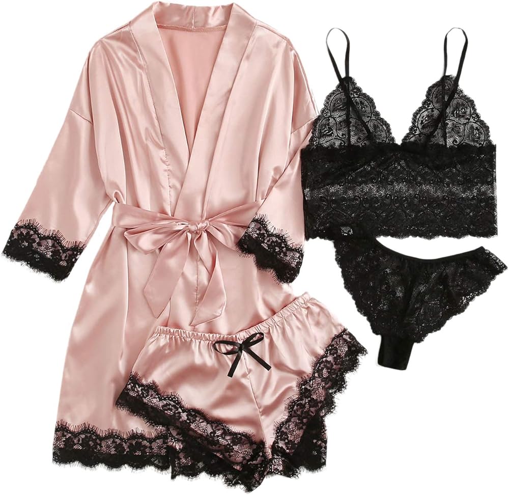 SOLY HUX Women's Satin Pajama Set 4pcs Floral Lace Trim Cami Lingerie Sleepwear with Robe