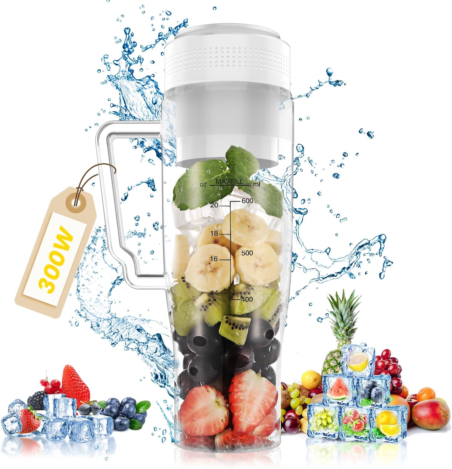 Portable Blender,MoKo 300W Portable Blender for Shakes and Smoothies,28 oz Personal Blender,Smoothie Blender with 6 Blades,BPA Free,USB Rechargeable,Handle and Straw Lid, Blender for Anywhere, Clear