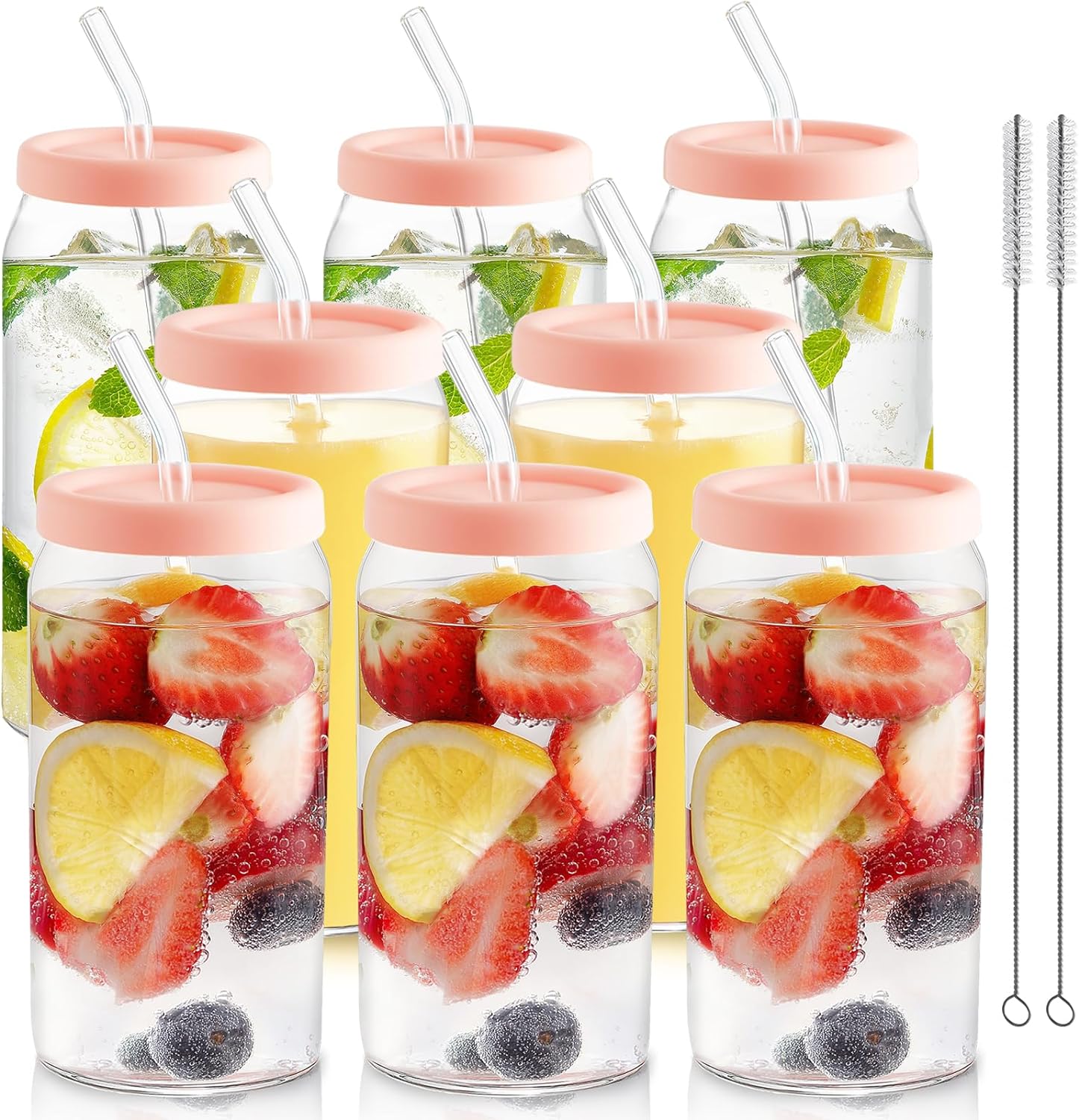 Glass Cups with Silicone Lids 8pcs Set, 20oz Can Shaped Glass Cups with Straws, Beer Glasses, Iced Coffee Cups, Cute Tumbler Cup with Cleaning Brushes, Ideal for Cocktail, Tea, Gift, Pink