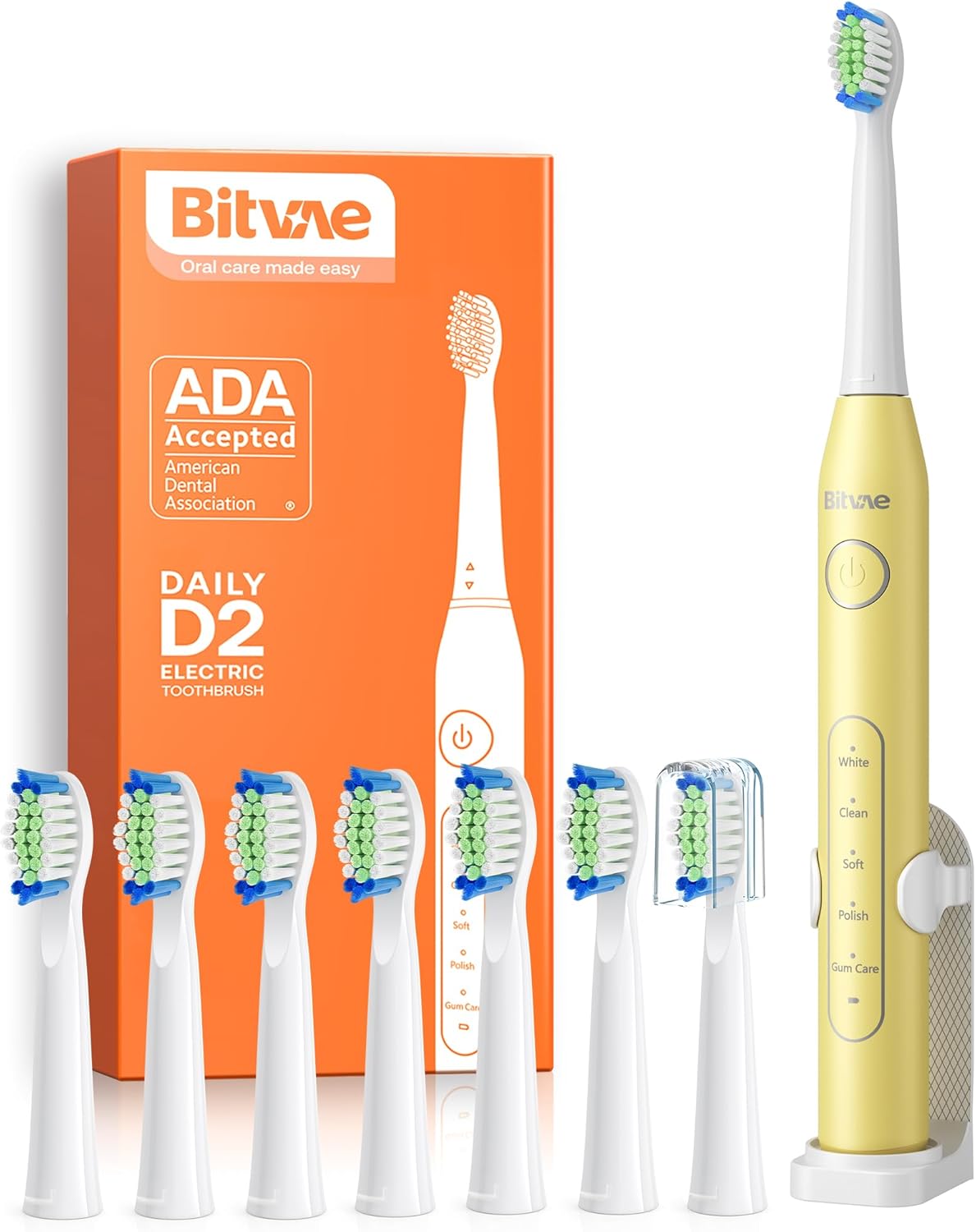 Bitvae Ultrasonic Electric Toothbrush with 8 Brush Heads, Rechargeable Electric Power Toothbrush for Adults and Kids with a Holder, 5 Modes, Smart Timer, Lemon Yellow D2