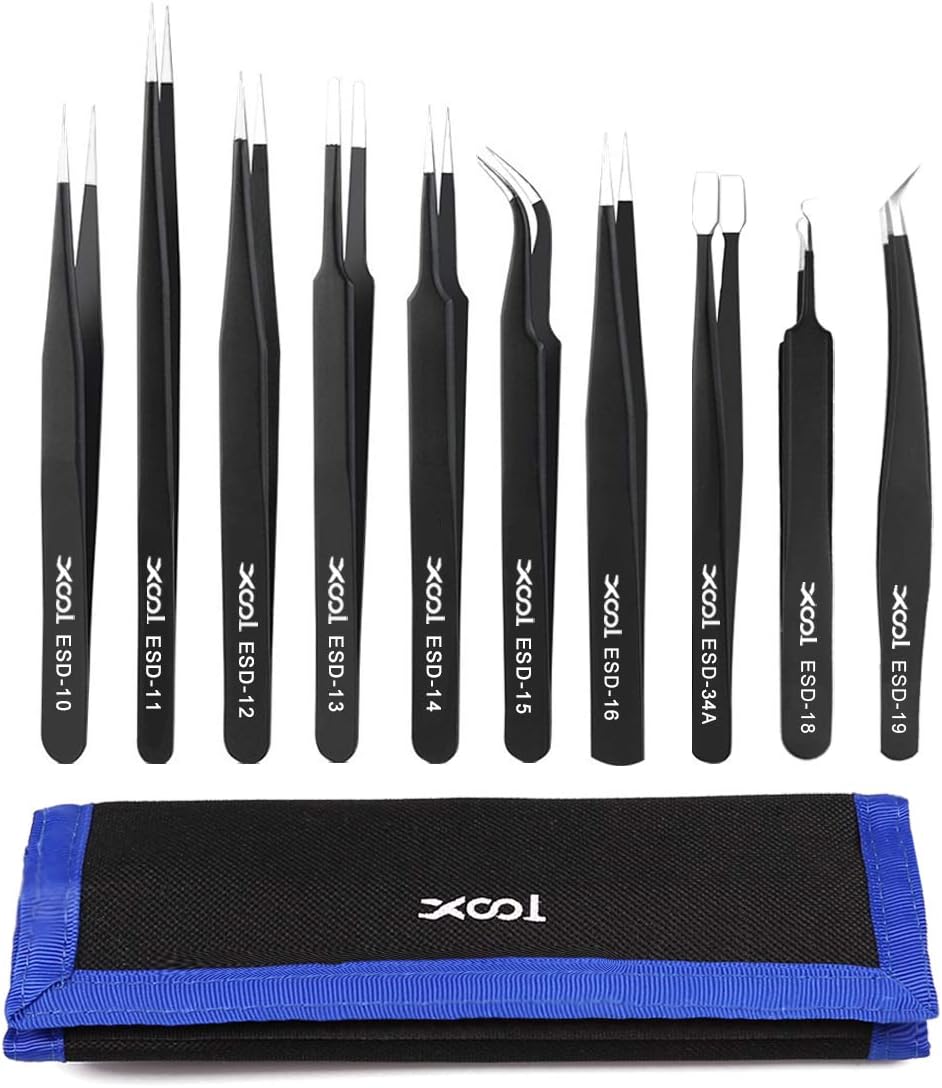 Precision Tweezers Set, XOOL 10 PCS ESD Tweezers Set, Anti-Static Stainless Steel Tweezers Kit, Non-magnetic and Multi-standard Stainless Steel Tweezers for Lab, Electronics, Jewelry and Detailed Work